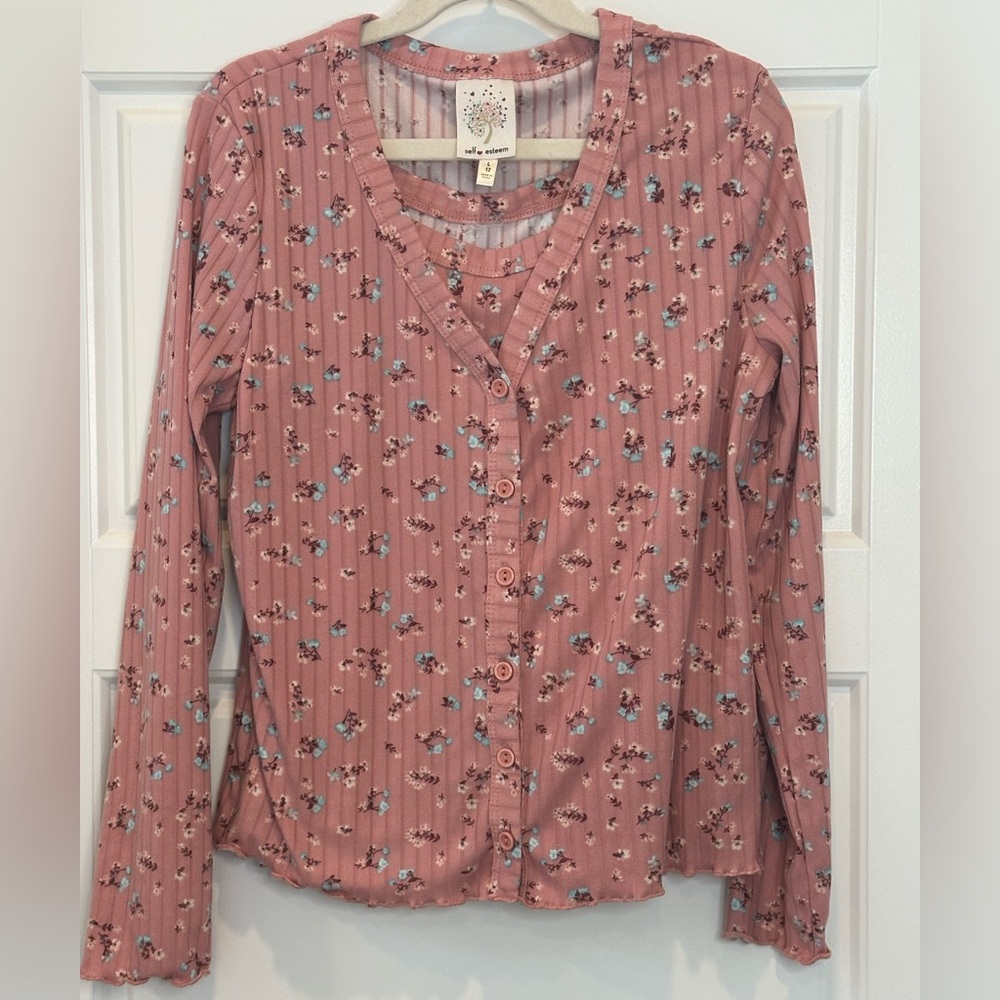 Self Esteem Girls Ribbed Floral Print Button Cami Set Size 12